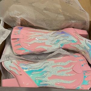 YRU Pink and Iridescent Glitter Flame Heeled Boots